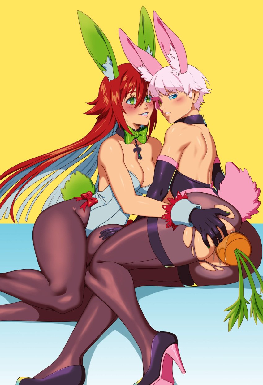 1boy 1girls anal anal_insertion asuka_r._kreutz blue_eyes blush bowtie bunny_boy bunny_ears bunny_girl bunny_tail bunnysuit carrot carrot_dildo carrot_in_ass cherrypicmilk choker detached_collar fat_ass female femboy green_eyes guilty_gear guilty_gear_strive high_heels jack-o&#039;_valentine large_ass large_breasts leotard long_hair male male_playboy_bunny pantyhose playboy_bunny presenting presenting_hindquarters red_hair ripped_clothing short_hair skintight strapless_leotard torn_pantyhose trap white_hair wrist_cuffs