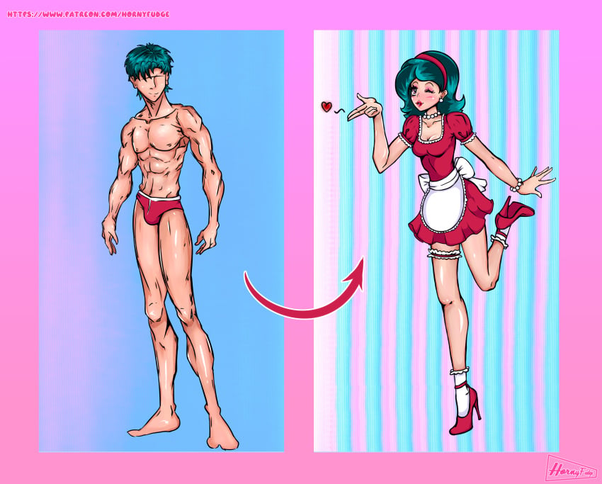 1boy before_and_after breasts busty_boy clothed clothing feminization high_heels hornyfudge housewife human light-skinned_male light_skin male mostly_clothed mostly_nude muscular muscular_male otokonoko pale_skin sissy standing stepfordization transformation wife