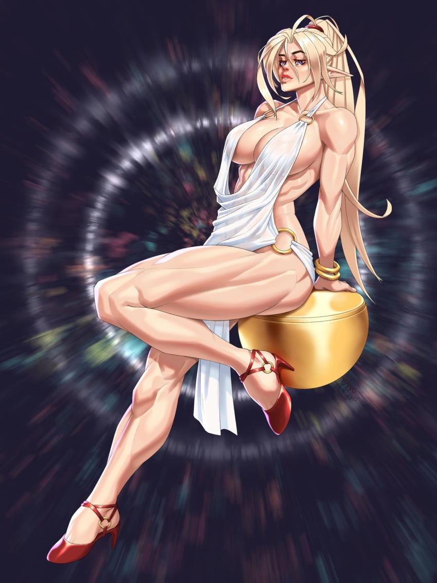 1girls abs absurd_res arii_(r62) blonde_hair blue_eyes cocktail_dress dress hi_res high_heels looking_at_viewer muscular muscular_female new_year original pointy_ears r62 solo thick_thighs white_dress