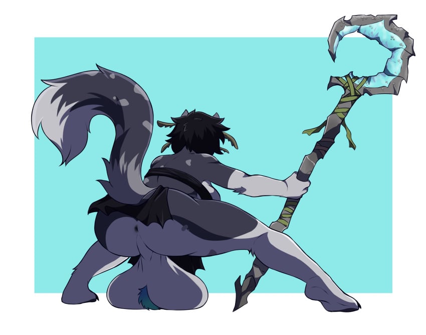 anthro anus areola ass ball_tuft balls balls_on_ground belly big_balls black_bottomwear black_clothing black_hair black_loincloth black_penis bottomwear breasts canid canine canis casual_exposure chest_tuft chest_wraps clothed clothing crouching fighting_pose fluffy fluffy_tail fur genitals grey_body grey_fur gynomorph hair hi_res holding_object holding_weapon huge_balls intersex lilithdog loincloth loincloth_only mammal oversized_weapon overweight penis pose pubes raised_tail rear_view seaweed seaweed_on_head slightly_chubby slightly_chubby_intersex solo spots tail thick_thighs topless tuft weapon white_body white_fur wolf wraps zairuz