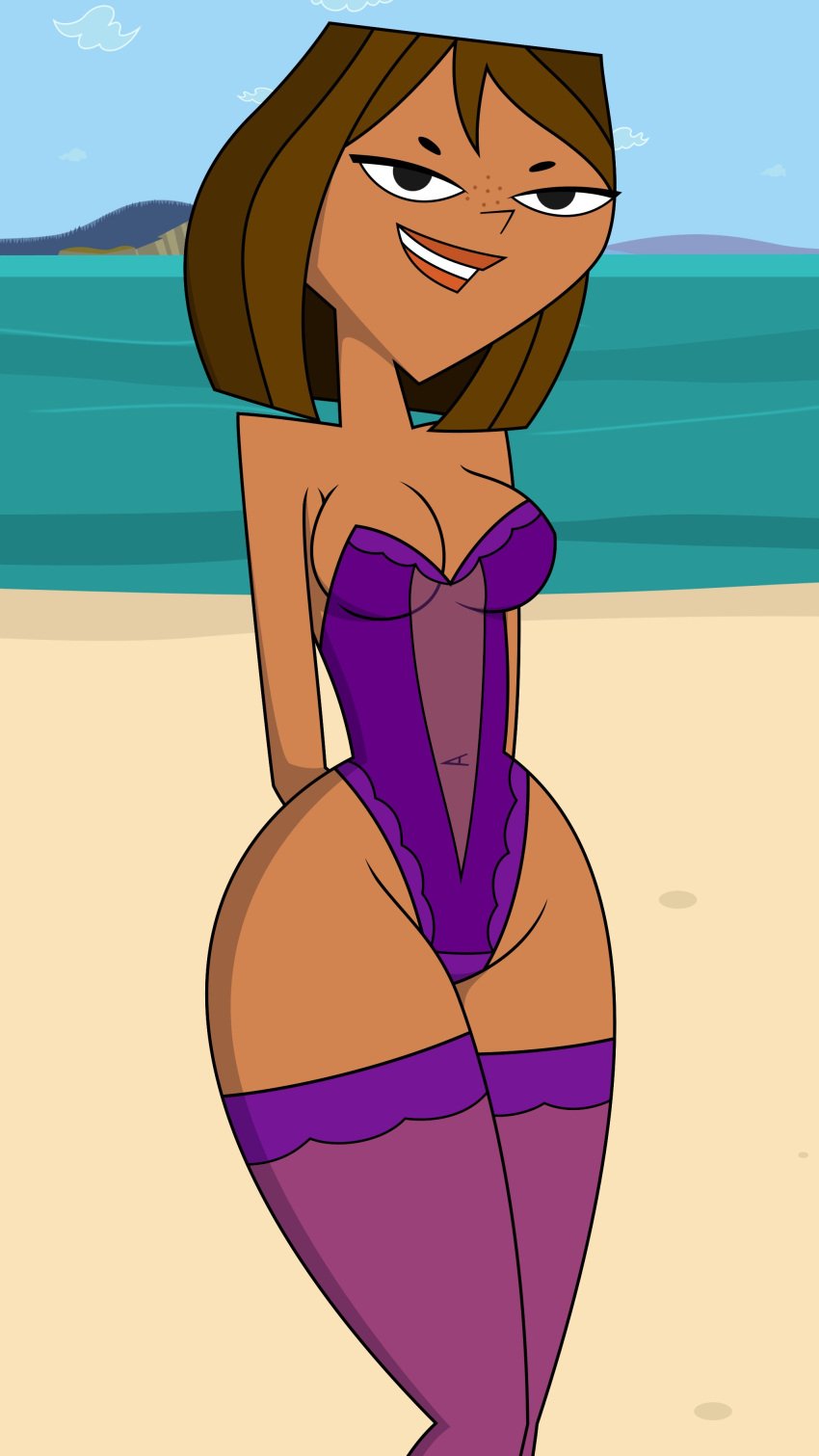 1girls 2d alternate_version_available beach breasts cartoon_network cleavage courtney_(tdi) looking_at_viewer pinup purple_lingerie short_hair solo thighhighs thighs tjlive5 total_drama_island water