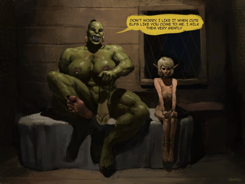 big_dom_small_sub elf femboy foot_fetish green_skin huge_breasts imminent_sex light-skinned_male muscular_female orc orc_female ugly_female vkorg