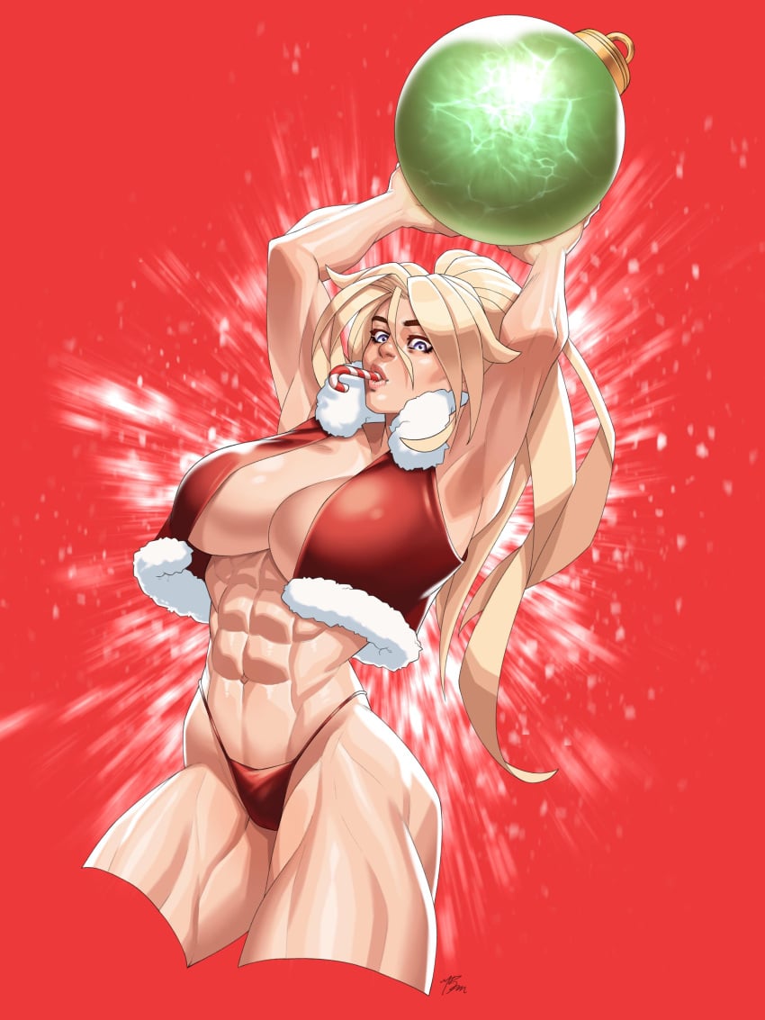 1girls abs absurd_res arii_(r62) blonde_hair breasts christmas cleavage hi_res large_breasts long_hair looking_at_viewer muscular muscular_female original panties ponytail r62 red_eyes red_panties signature solo underwear