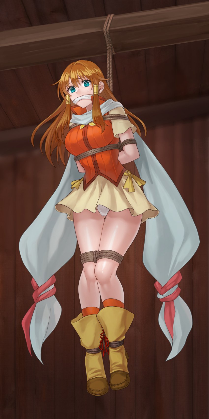 1girls absurdres aqua_eyes arms_behind_back ass_visible_through_thighs bare_legs bdsm blue_eyes bondage boots bound bound_ankles bound_arms bound_legs bound_torso bow breasts brown_hair cloth_gag female female_only femsub fire_emblem fire_emblem:_path_of_radiance fire_emblem:_radiant_dawn gag gagged hazuki_(nyorosuke) highres improvised_gag indoors large_breasts legs long_hair miniskirt mist_(fire_emblem) nervous nintendo orange_socks orange_vest panties pantyshot restrained rope scarf shibari shibari_over_clothes shorts skirt socks solo suspension underwear upskirt vest white_panties white_scarf white_skirt yellow_bow yellow_footwear