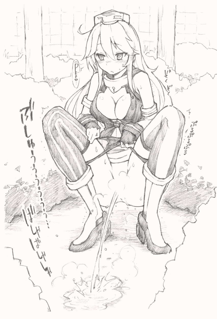 ahoge anus ass bare_shoulders blush boots breasts bush cleavage detached_sleeves english female fingerless_gloves full_body gloves greyscale hat high_heel_boots high_heels highres iowa_(kantai_collection) kantai_collection koorimizu large_breasts long_hair miniskirt monochrome no_pussy outdoors panties panty_pull peeing skirt sleeveless sleeveless_shirt solo spread_legs squatting star-shaped_pupils steam striped striped_legwear sweat symbol-shaped_pupils text thighhighs translation_request tree trembling underwear upskirt vertical_striped_legwear vertical_stripes