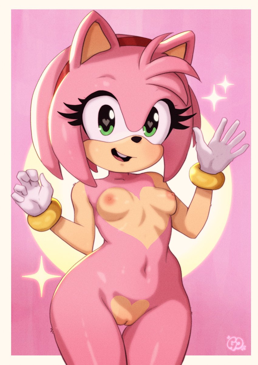 absurd_res amy_rose anthro erect_nipples eulipotyphlan female flat_chest gesture gravydood heart_(marking) heart_eyes heart_symbol hedgehog hi_res looking_at_viewer mammal markings navel nipples nude pink_body sega simple_background smile solo sonic_(series) sonic_the_hedgehog_(series) waving