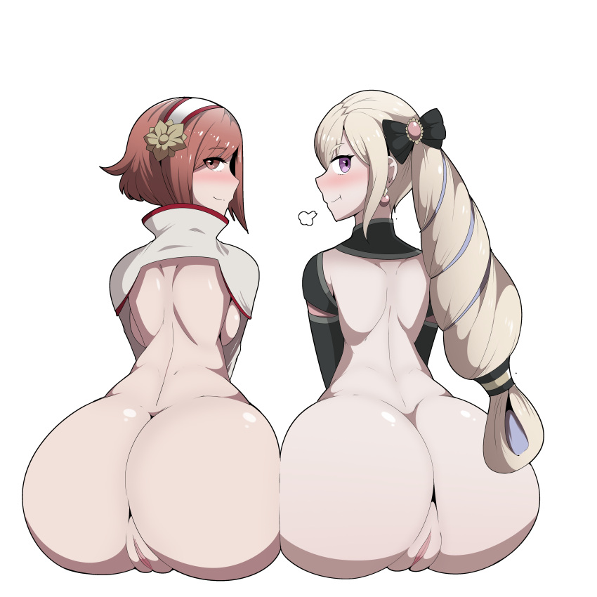 2girls :t ass ass_to_ass back backboob bare_back blonde_hair blush bottomless breasts earrings elise_(fire_emblem) female female_only fire_emblem fire_emblem_fates hairband huff large_ass lineup long_hair long_sleeves looking_at_viewer looking_back medium_breasts multiple_girls naver nintendo pout purple_hair pussy red_eyes red_hair sakura_(fire_emblem) short_hair shortstack smile source_request transparent_background twintails very_long_hair