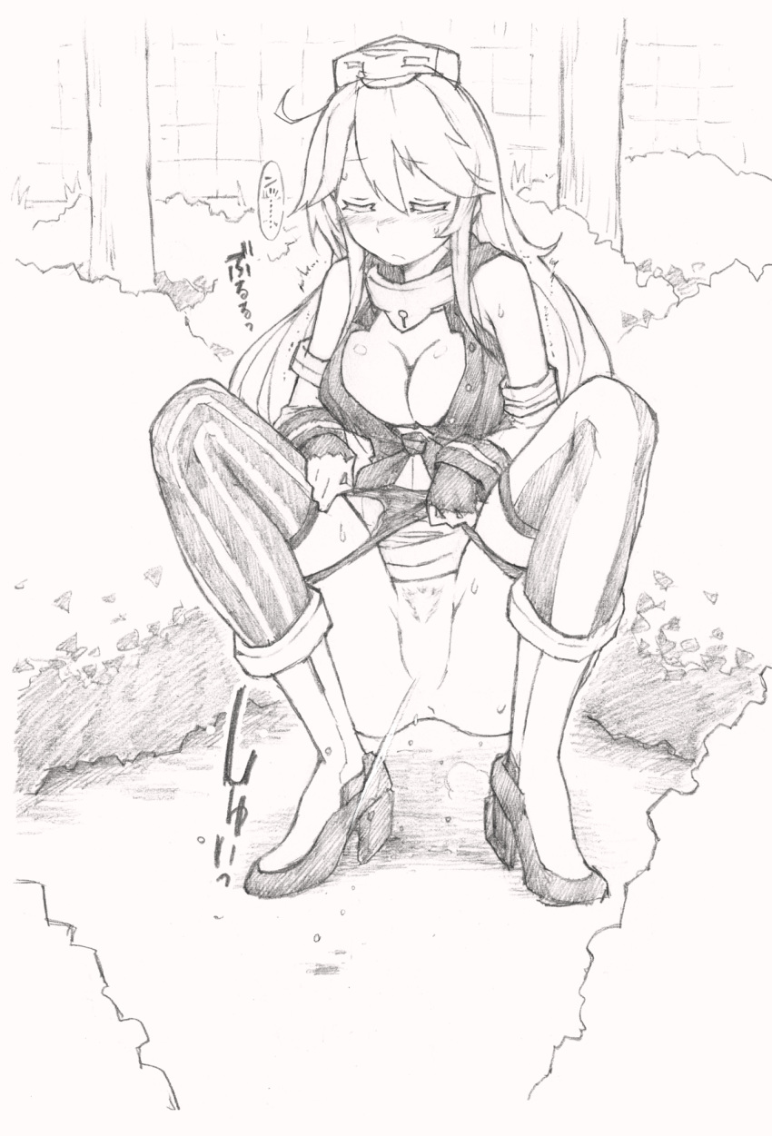 ahoge anus ass bare_shoulders blush boots breasts bush cleavage closed_eyes detached_sleeves female fingerless_gloves full_body gloves greyscale hat high_heel_boots high_heels highres iowa_(kantai_collection) kantai_collection koorimizu large_breasts long_hair miniskirt monochrome no_pussy outdoors panties panty_pull peeing pubic_hair skirt sleeveless sleeveless_shirt solo spread_legs squatting steam striped striped_legwear sweat text thighhighs translation_request tree trembling underwear upskirt vertical_striped_legwear vertical_stripes