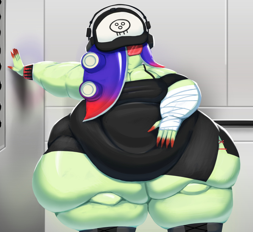 1girls acht_(splatoon) dedf1sh fat fat_belly fat_fetish fat_thighs female female_only green_skin massive_thighs morbidly_obese morbidly_obese_female nintendo obese obese_female octoling overweight overweight_female red-tinted_eyewear shweetmagnet solo solo_female splatoon splatoon_3 splatoon_3:_side_order ssbbw thick_thighs tinted_eyewear