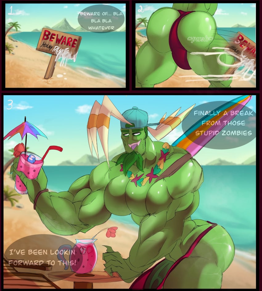 anthro anthrofied asolchan bara bloomerang_(pvz) comic cum dialogue erect_penis erection humanoid humanoid_genitalia humanoid_penis male male_only muscular muscular_anthro muscular_male pecs pectorals plant plants_vs._zombies plants_vs_zombies plants_vs_zombies_2:_it's_about_time speedo visible_penis