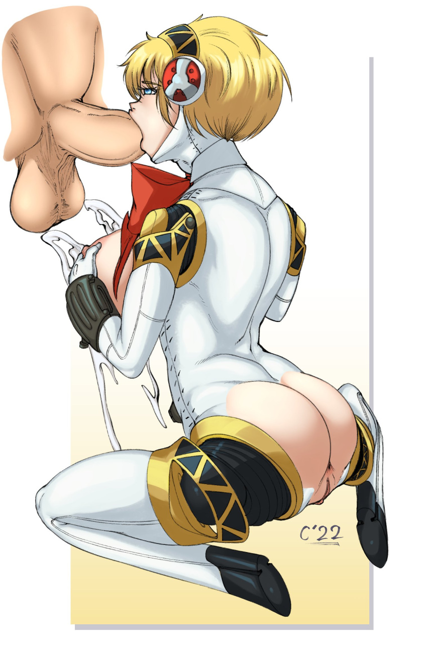 1boy 1girls aegis_(persona) aigis_(persona) blonde_hair blowjob blue_eyes clothing crankodile female huge_breasts kneeling lactation large_penis makoto_yuki partial_male persona persona_3 robot short_hair spread_legs touching_breast