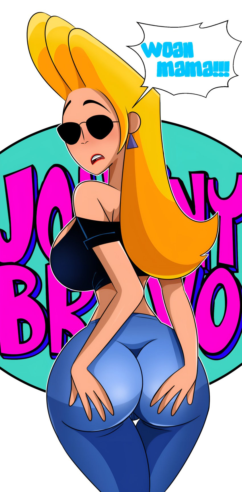 ass_grab back_view blonde_female blonde_hair cartoon_network clothing gender_transformation genderswap_(mtf) grabbing_own_ass jenny_bravo johnny_bravo_(series) lipstick rule_63 sonson-sensei sunglasses tight_jeans tight_pants tinted_eyewear