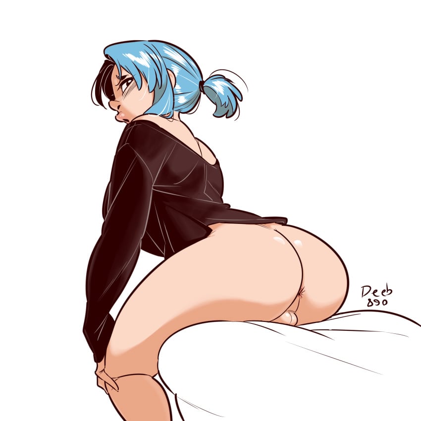 1dickgirl 2024 anus ass augie_(deeb890) back back_view backsack balls big_ass black_shirt blue_hair bottomless clothed clothing deeb890 dickgirl futa_only futa_sans_pussy futanari human light-skinned_futanari light_skin looking_back partially_clothed shirt sitting solo