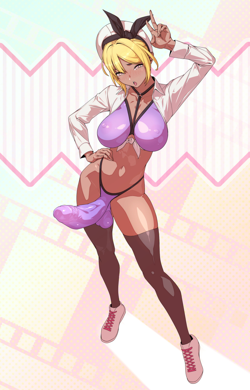 1futa big_breasts big_penis bikini blonde_hair blush brown_eyes bulge clothed clothing dark-skinned_futanari dark_skin erect_nipples erection erection_under_clothes full_body futa_only futanari hard hat huge_cock human impossible_clothes looking_at_viewer mostly_nude panties peace_sign penis purple_bikini purple_bikini_bottom purple_bikini_top purple_panties shoes short_hair smile smiling smiling_at_viewer solo standing stockings thick_thighs thighhighs tomoyuki_kotani voluptuous voluptuous_futanari white_shoes wide_hips