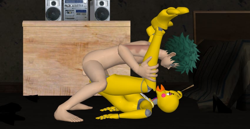 1boy 1girls 3d absurd_res anal anal_penetration animatronic chicken chicken_girl chicken_humanoid crossover eastern_and_western_character female five_nights_at_freddy's five_nights_at_freddy's_2 green_eyes green_hair human humanoid izuku_midoriya male male/female male_penetrating mating_press my_hero_academia penetration toy_chica_(fnaf) xnalara yellow_skin