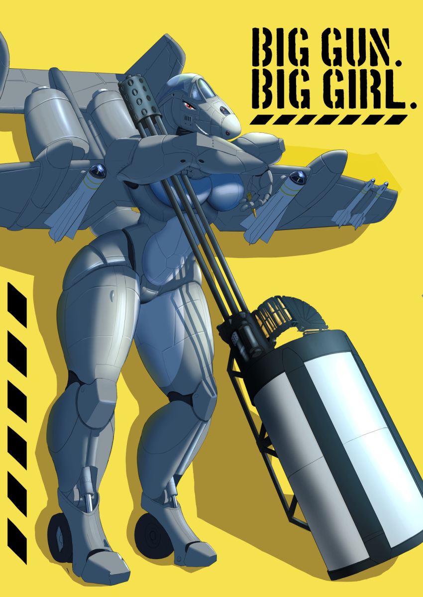 a-10 a-10_thunderbolt aeromorph aircraft leaning_on_object living_aircraft living_machine machine_gun mechanical noti21 poster red_eyes thick_thighs yellow_background