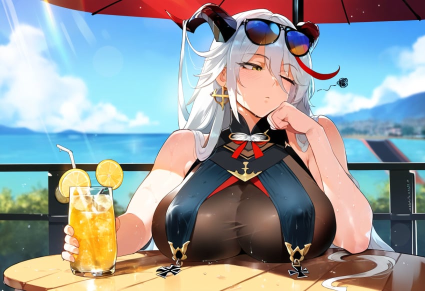 aegir_(azur_lane) ai_generated azur_lane female henrik_n light-skinned_female novelai pale-skinned_female pale_skin skin_tight sunglasses sunglasses_on_head thiccwithaq_(ai_style) white_hair