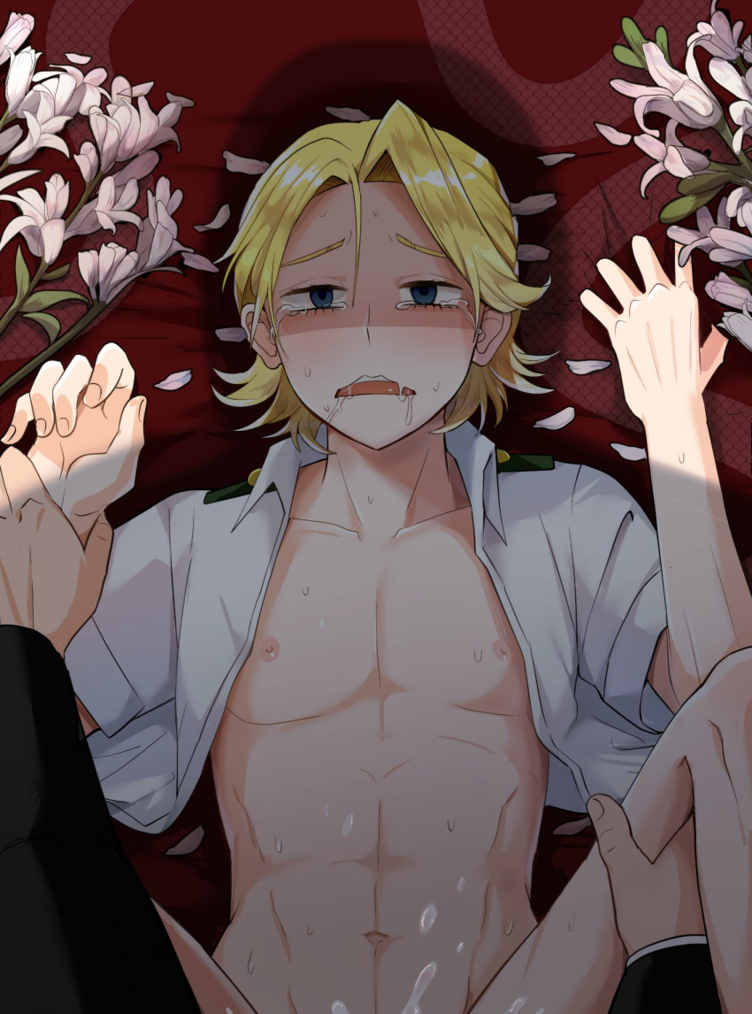 all_for_one aoyama_yuuga blonde_hair blonde_hair_male blush crying crying_with_eyes_open cum cum_in_pussy male_only my_hero_academia yaoi