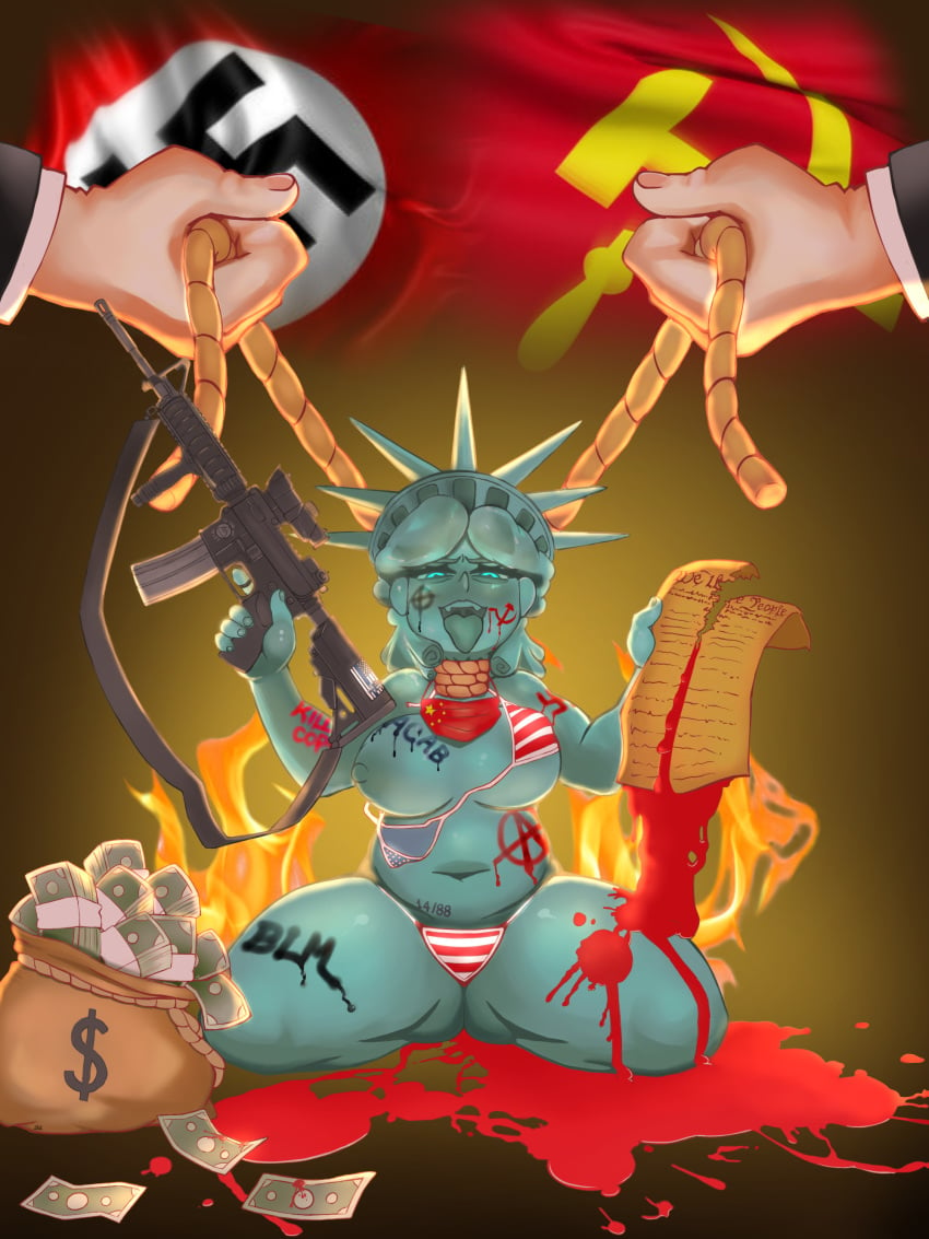 1girls big_breasts blood bubblebunker bubblegumrising communism female female_focus gun light_skin looking_at_viewer money nazi rope statue_of_liberty tongue_out usa