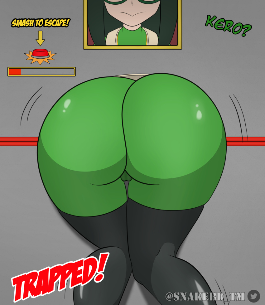 1girls ass_focus big_ass big_butt froppy glory_wall heavenly_ass hero_outfit_(mha) heroine_in_trouble huge_ass huge_butt my_hero_academia picture_on_wall snakebd solo_female stuck_in_wall tight_bodysuit tsuyu_asui video_games