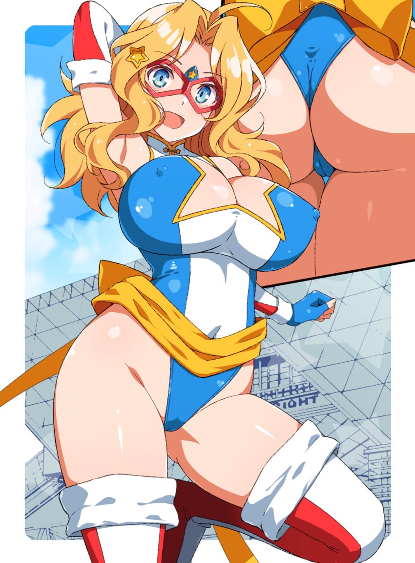 ahoge american big_ass big_breasts blonde_hair blue_eyes cleavage cosplay girls_und_panzer kamen_america kamen_america_(character) kamen_america_(series) kay_(girls_und_panzer) leotard masked_female nipples_visible_through_clothing stockings thighs wedgie