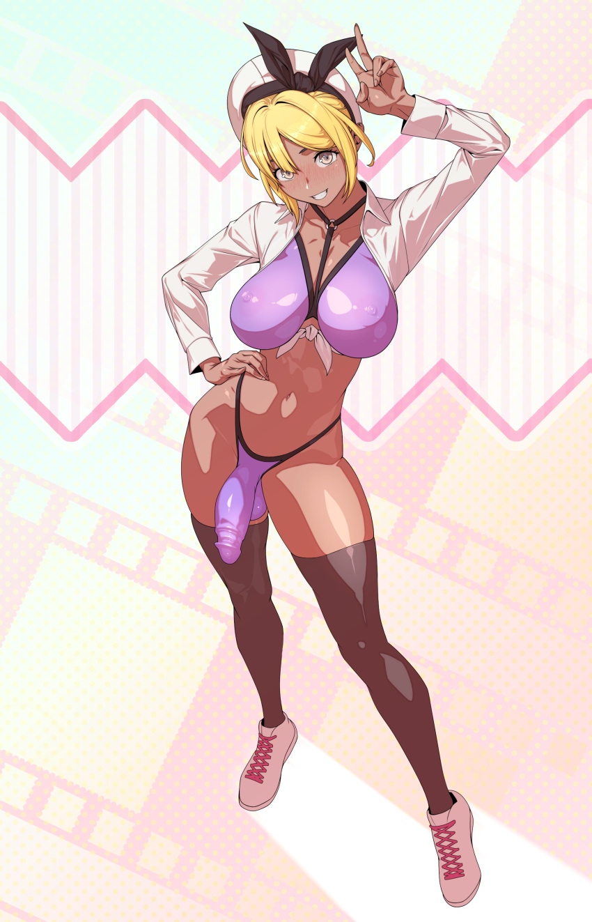 1futa balls big_breasts big_penis bikini blonde_hair blush breasts brown_eyes bulge clothed clothing dark-skinned_futanari dark_skin full_body futa_only futanari getting_erect hat human looking_at_viewer mostly_nude panties peace_sign penis purple_bikini purple_bikini_bottom purple_bikini_top purple_panties shoes short_hair smile smiling smiling_at_viewer solo standing stockings thick_thighs thighhighs tomoyuki_kotani voluptuous voluptuous_futanari white_shoes wide_hips