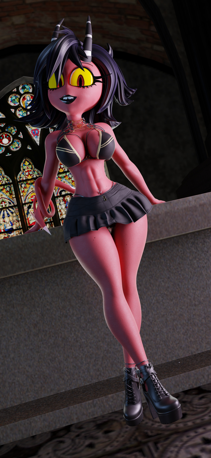 3d 3d_(artwork) 3d_model 8k belly_button_piercing bikini_top boots breasts buckteeth cleavage demon demon_girl demon_horns demon_tail g-string helluva_boss hi_res himbo_swaggins millie_(helluva_boss) miniskirt necklace red_skin short_hair tagme thigh_gap