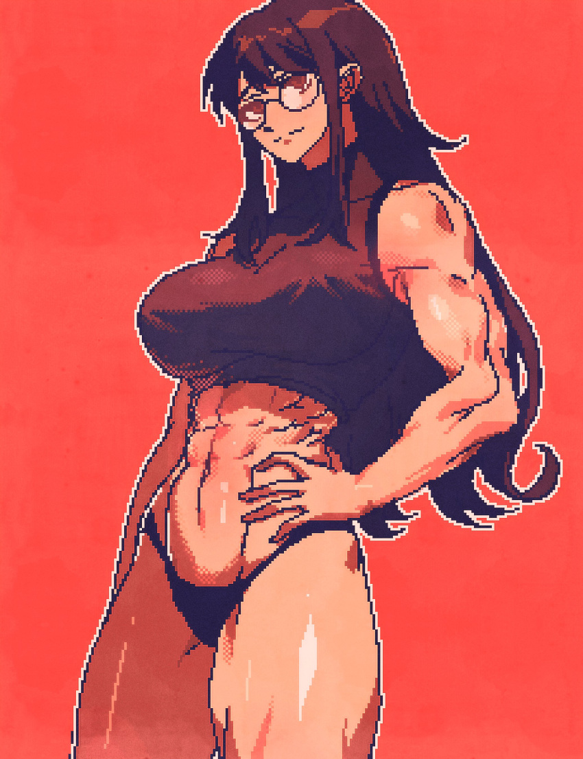 1girls absurd_res black_panties breasts brown_eyes cowboy_shot crop_top curly_hair glasses hi_res large_breasts long_hair looking_at_viewer matching_hair/eyes muscular muscular_female original panties pixel_art red_background simple_background solo spoiledmuffin standing tank_top thick_thighs underwear