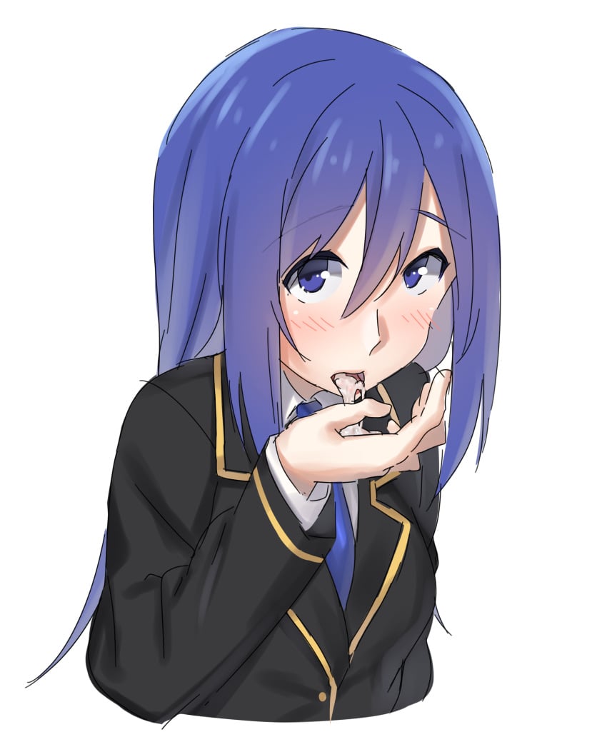 blue_eyes blue_hair blush breasts cum cum_in_mouth female joukamachi_no_dandelion long_hair looking_at_viewer necktie open_mouth sakurada_aoi school_uniform tongue