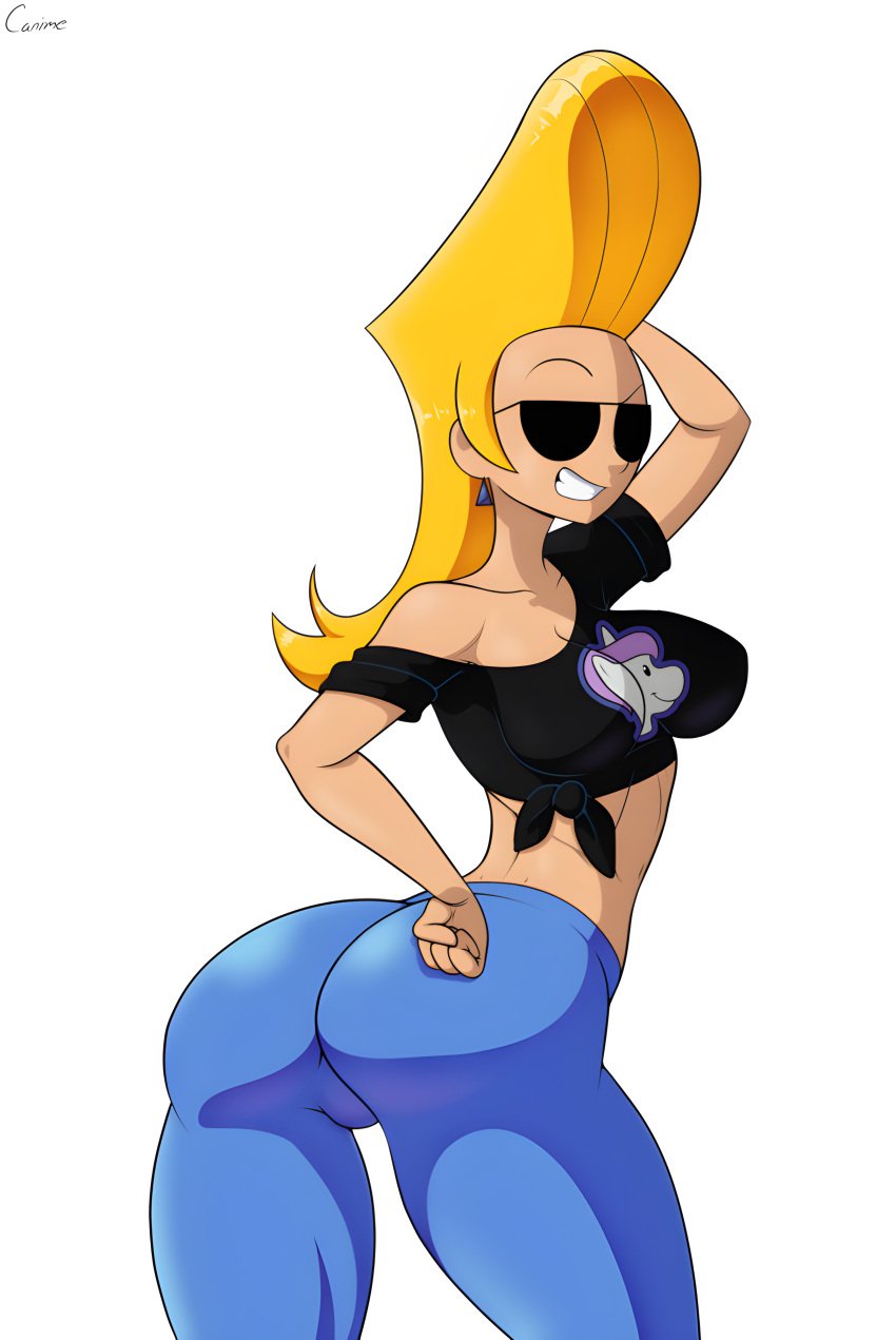 back_view black_shirt blonde_hair body_swap canime cartoon_network gender_transformation genderswap_(mtf) jenny_bravo johnny_bravo_(series) rule_63 sunglasses tight_jeans