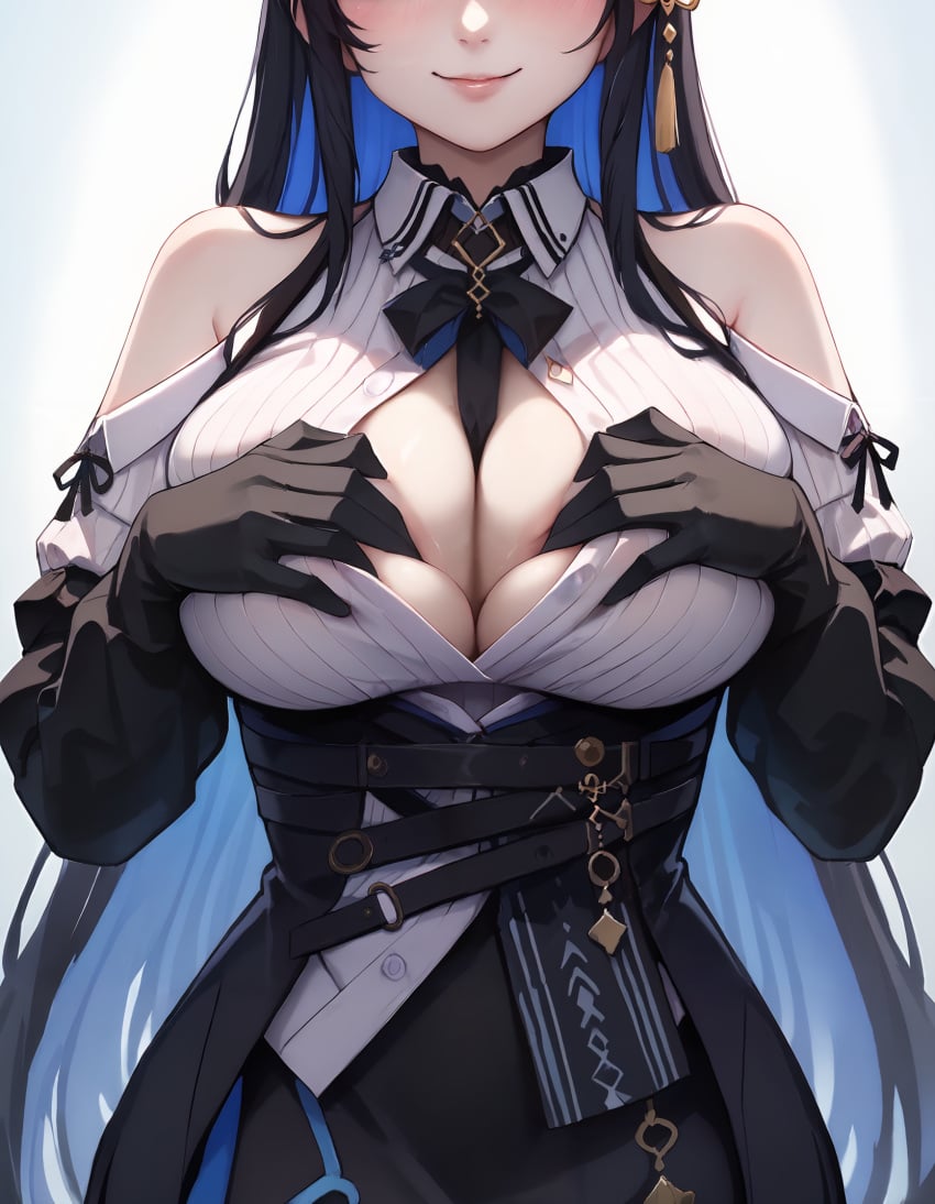 ai_generated bare_shoulders between_breasts big_breasts black_dress black_gloves black_hair blue_hair blush breasts button_gap cleavage closed_mouth clothing collared_shirt colored_inner_hair cowboy_shot dress elbow_gloves female female_only gloves hair_ornament hand_on_chest hand_on_own_chest head_out_of_frame high_resolution hololive hololive_english imminent_paizuri jenneth_blackray large_breasts lips long_hair long_sleeves multicolored_hair neck_ribbon necktie necktie_between_breasts nerissa_ch. nerissa_ravencroft off-shoulder_shirt off_shoulder open_clothes open_shirt paizuri_invitation ribbon shirt simple_background smile solo spread_cleavage stable_diffusion two-tone_hair unbuttoned unbuttoned_shirt upper_body very_long_hair virtual_youtuber white_background white_shirt