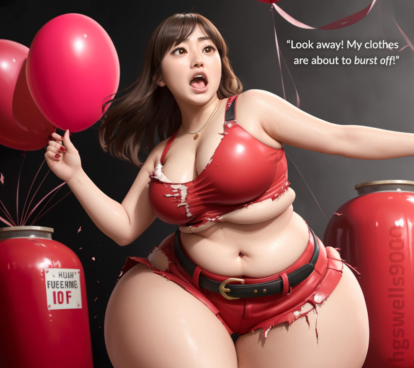 1girls ai_generated asian asian_female ass_expansion balloon belly_expansion belt big_ass big_breasts big_thighs black_belt breast_expansion brown_hair cleavage dialogue expansion helium_inflation hgswells9000 inflation light-skinned_female long_hair navel pudgy_belly red_shorts red_tank_top ripped_clothing short_shorts stable_diffusion tank_top