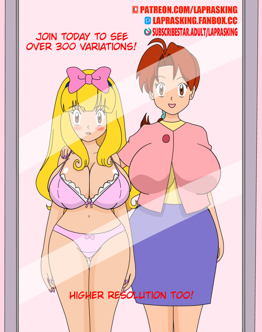 ashley_(pokemon) blonde_hair blush bra delia_ketchum_(pokemon) gamefreak genderswap_(mtf) huge_breasts laprasking milf mirror_reflection nintendo panties pokemon rule_63 rule_63 rule_63 satoshi_(pokemon) thick_thighs wide_hips