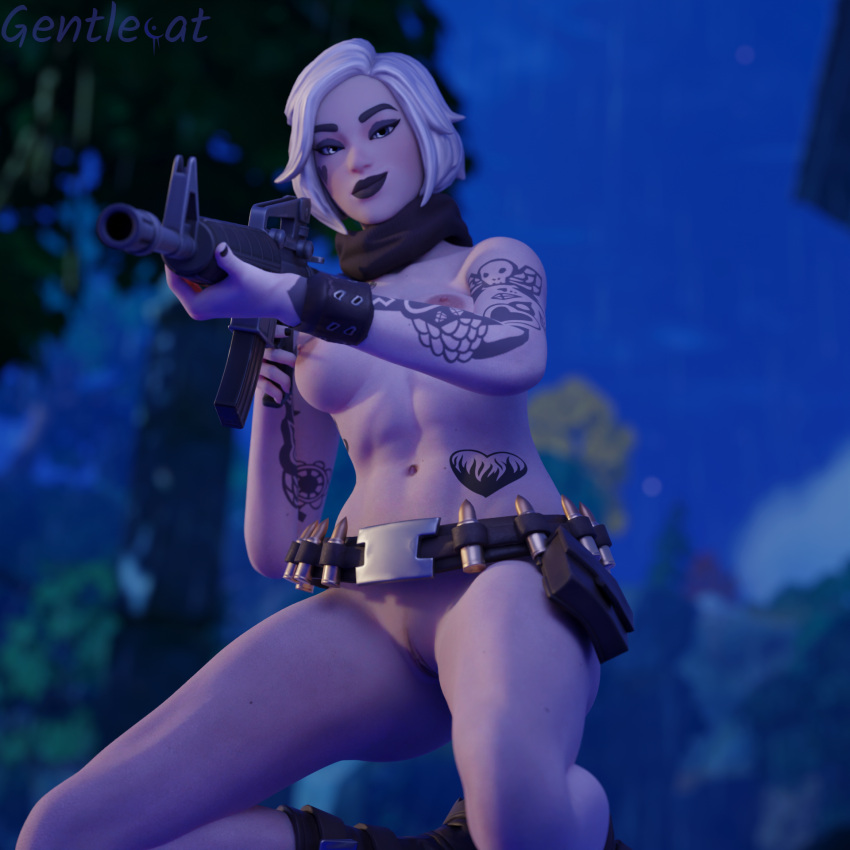 belt casual dusk female firearm footwear forest fortnite gentlecat gun high_heels human kneeling nudist on_knees pale-skinned_female pale_skin rifle scarf smirking tactical_nudity tagme tattoos tess_(fortnite) weapon white_hair