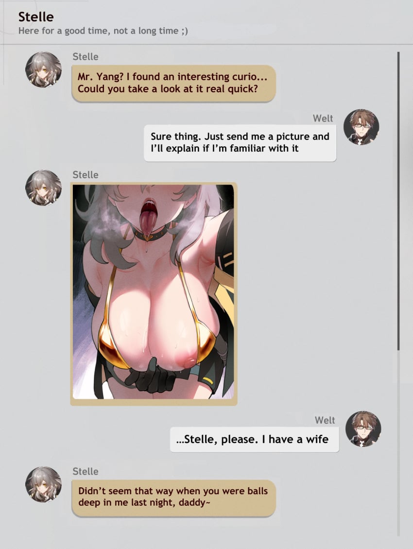 1boy 1girls after_deepthroat after_oral ahe_gao ahegao balls_deep big_breasts breasts cheating cheating_husband choker daddy_kink deepthroat_invitation dirty_talk drooling female gloves honkai:_star_rail horny_female huge_ass implied_cheating implied_deepthroat implied_oral light-skinned_female light-skinned_male nipples one_breast_out open_clothes open_jacket open_mouth oral phone provocative seductive_mouth sending_nudes steamy_breath stelle_(honkai:_star_rail) text_bubble text_message text_messaging thiccwithaq throat tongue tongue_out welt_yang_(honkai:_star_rail)