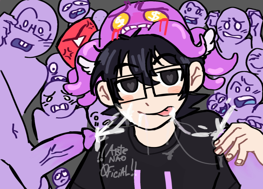 black_eyes black_hair black_shirt brazilian cum cum_in_mouth cum_on_face gangbang gay heart-shaped_pupils hellsex homosexual human human_male male saikomene smile smile_at_viewer smiling smiling_at_viewer squid tongue tongue_out wings_on_head yaoi youtube youtuber