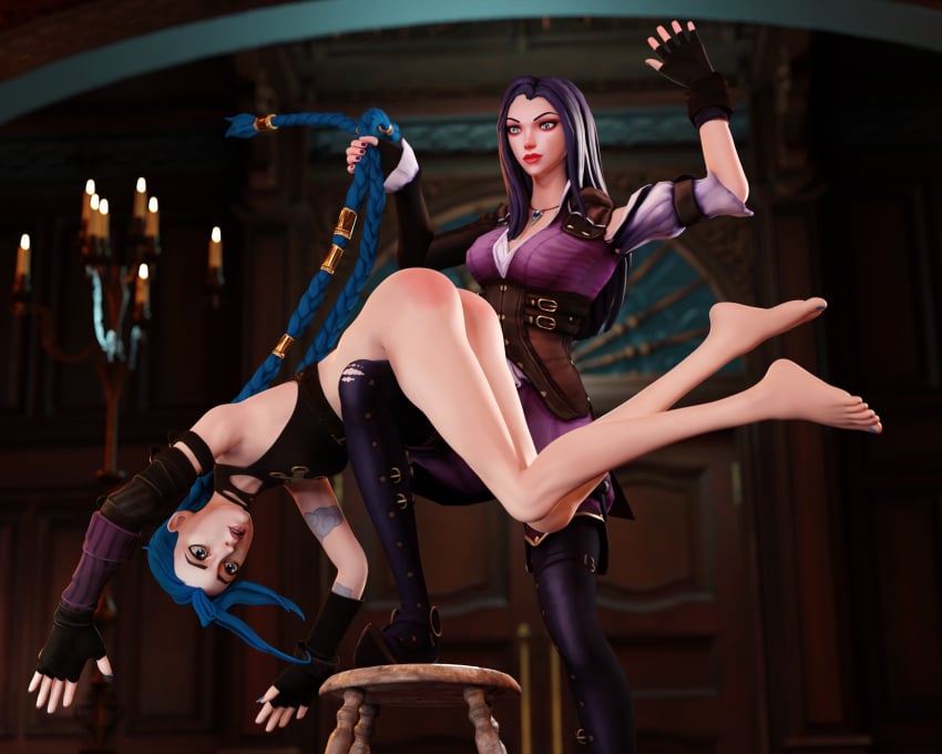 2girls 3d arcane arcane_caitlyn arcane_jinx ass ass_focus bare_ass blender blue_eyes blue_hair caitlyn_kiramman discipline dominant_female female female_only femdom hair_grab indoors jinx_(league_of_legends) kinkblink league_of_legends military_uniform multiple_girls naughty police_uniform punishment riot_games slapping_butt spank_marks spanked_butt spanking steampunk submissive twin_braids twintails video_games yuri