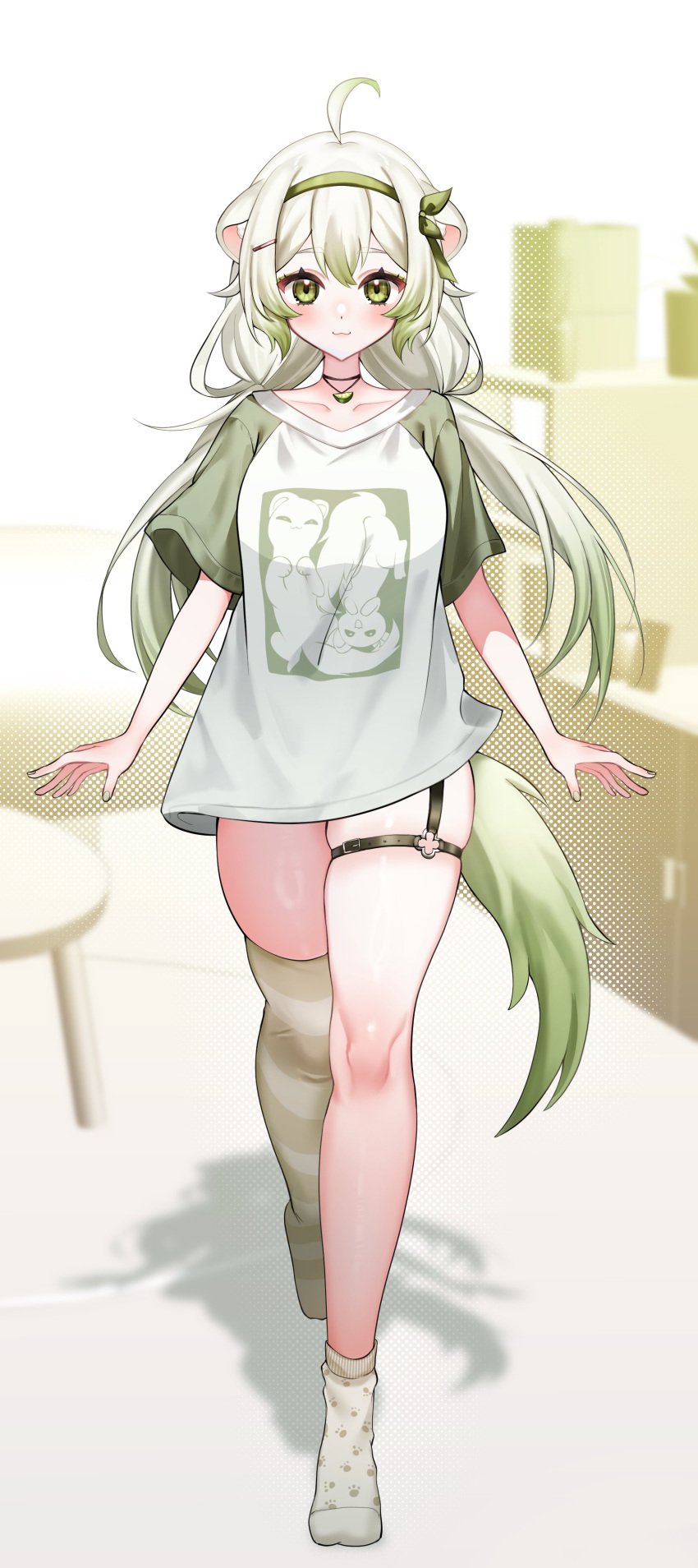 1girls animal_ears animal_tail breasts female ferret ferret_girl fushi green_eyes green_highlights laimu lime looking_at_viewer mismatched_legwear multicolored_hair socks solo t-shirt tail thick thick_thighs vinesauce virtual_youtuber white_hair