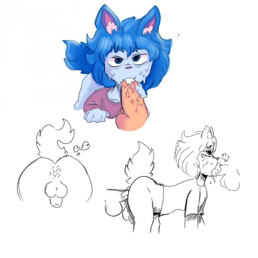 anthro ass big_butt blue_body blue_eyes blue_hair bodily_fluids cum cum_in_ass cum_in_mouth cum_inside domestic_cat felid feline felis feral gacha_club genital_fluids group hair male male/male mammal short_tail sketch_page skuzy_bur tail trio unknown_artist