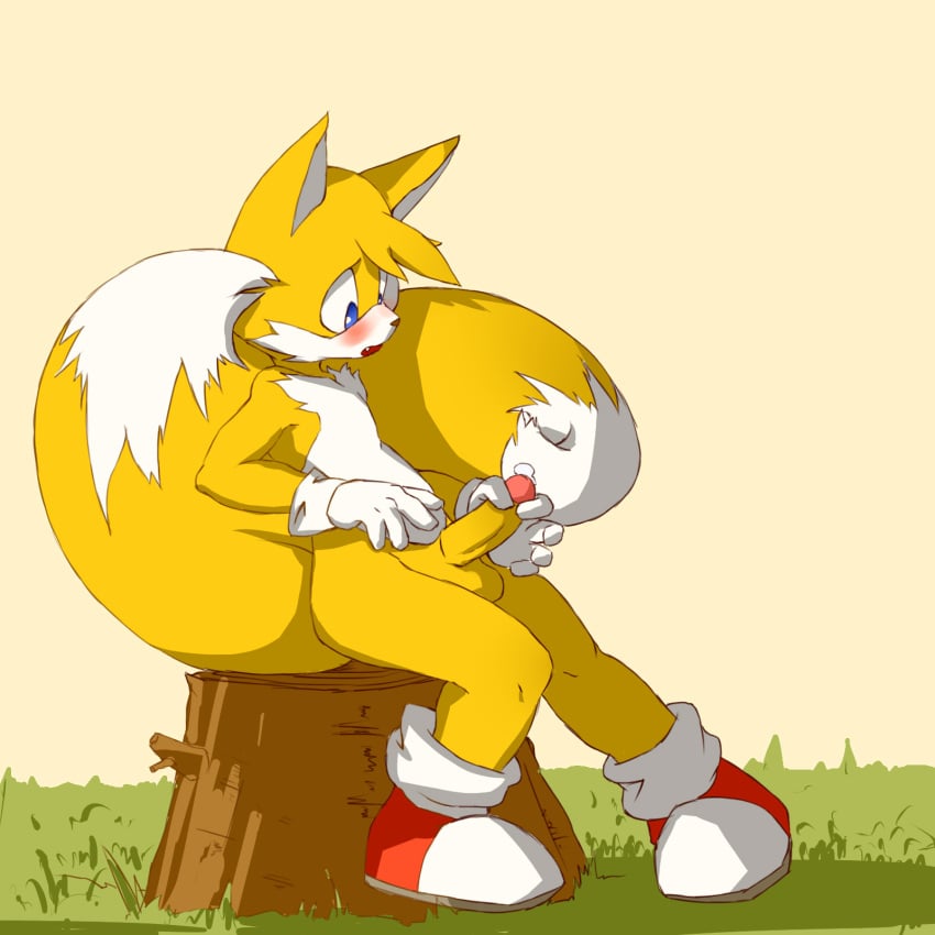 anthro balls blush bodily_fluids canid canine exposed_torso footwear fox genital_fluids genitals handwear hi_res jimnydaisuki male mammal masturbation miles_prower penile penile_masturbation penis precum sega sitting solo sonic_(series) sonic_the_hedgehog_(series) tails tails_the_fox tree_stump