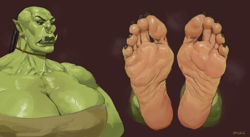 female foot_fetish foot_focus green_skin huge_breasts orc orc_female smelly_feet solo solo_female sweatdrop sweating vkorg