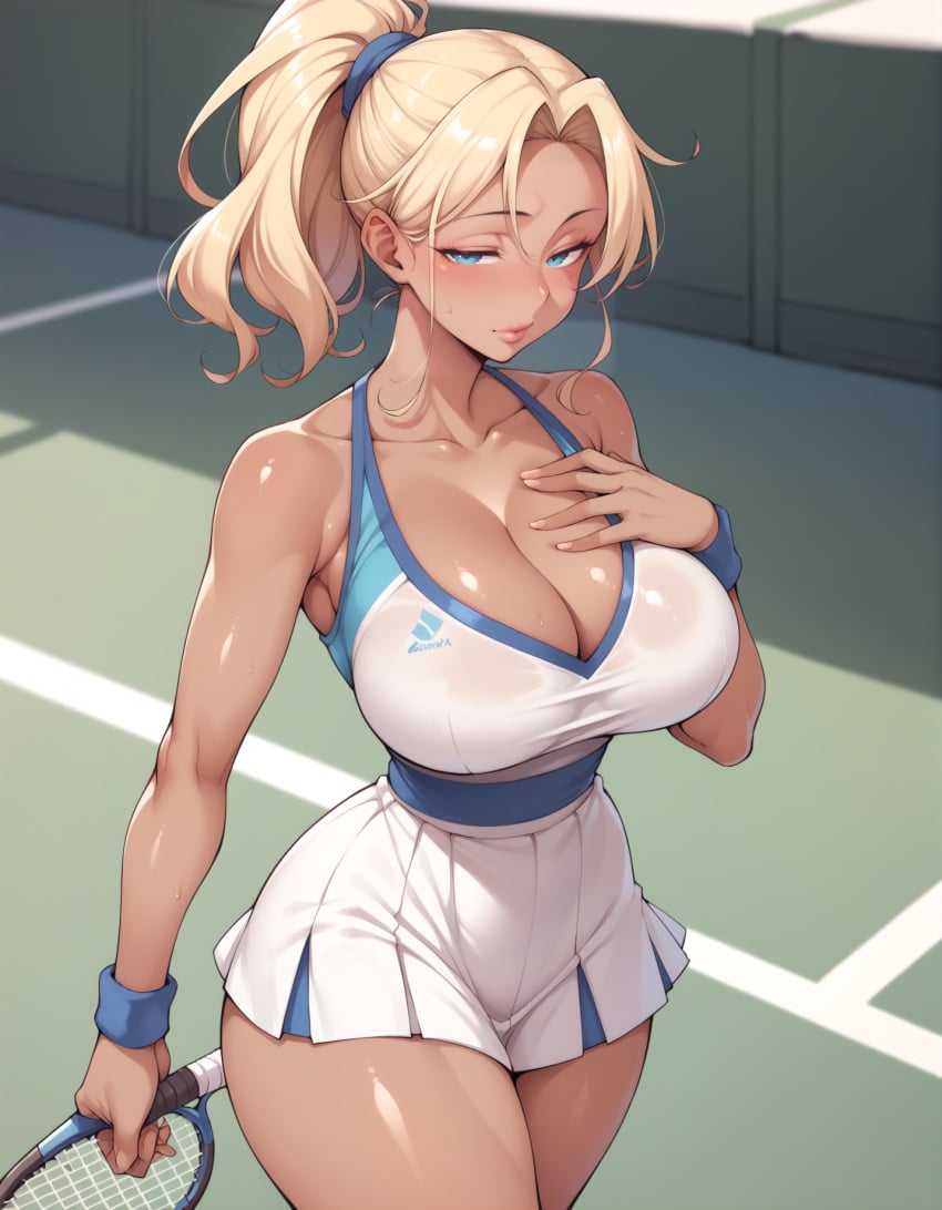 1girls ai_generated athletic athletic_female blonde_hair clothing dressed large_breasts lewdwaifulaifu looking_at_viewer slim_waist solo_female tennis_court tennis_racket tennis_uniform thick_thighs thighs