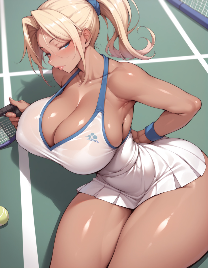 1girls ai_generated athletic athletic_female blonde_hair breasts_bigger_than_head lewdwaifulaifu looking_at_viewer massive_breasts slim_waist tennis_court tennis_racket tennis_uniform thick_thighs thighs