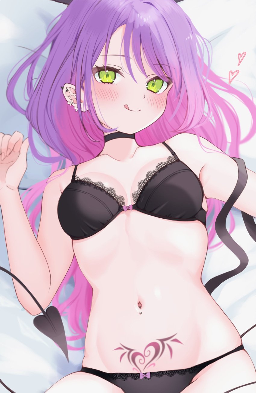 1girls 39m27 :p absurdres bare_shoulders black_bra black_choker black_panties blush bra breasts choker closed_mouth collarbone demon_girl demon_tail ear_piercing female female_only gradient_hair green_eyes heart highres holoforce hololive hololive_japan long_hair looking_at_viewer looking_up lying medium_breasts multicolored_hair navel navel_piercing on_back on_bed panties piercing pubic_tattoo purple_hair ribbon_earrings ribbon_panties single_bare_arm succubus succubus_tattoo tail tattoo tokoyami_towa tongue tongue_out underwear underwear_only virtual_youtuber