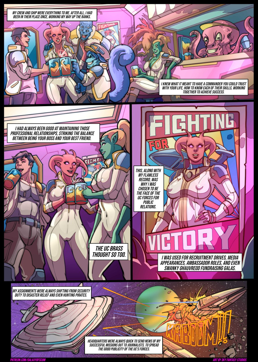 alien alien_girl alien_humanoid big_breasts cleavage comic_page english_text galaxy_of_scum page_2 purple_eyes red_skin sci-fi science_fiction skyfantasystudios spacesuit webcomic