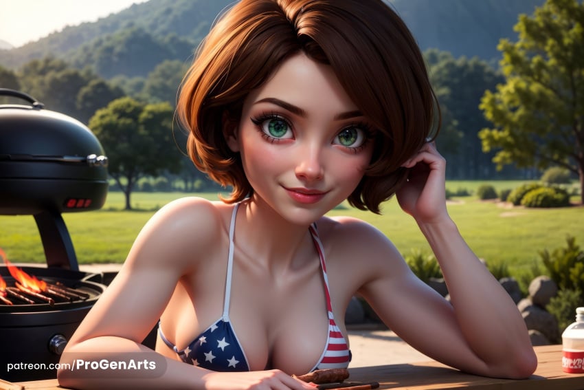 , 1girls ai_generated american_flag_bikini artist_name aunt aunt_cass big_hero_6 bikini blurry blurry_background bottle breasts brown_hair cass_hamada chopsticks cleavage collarbone cooking day disney fire flag_print food forest freckles grass green_eyes hi_res lips looking_at_viewer medium_breasts milf motor_vehicle nature nose outdoors patreon_username progenarts realistic rock short_hair smile solo swimsuit tree web_address