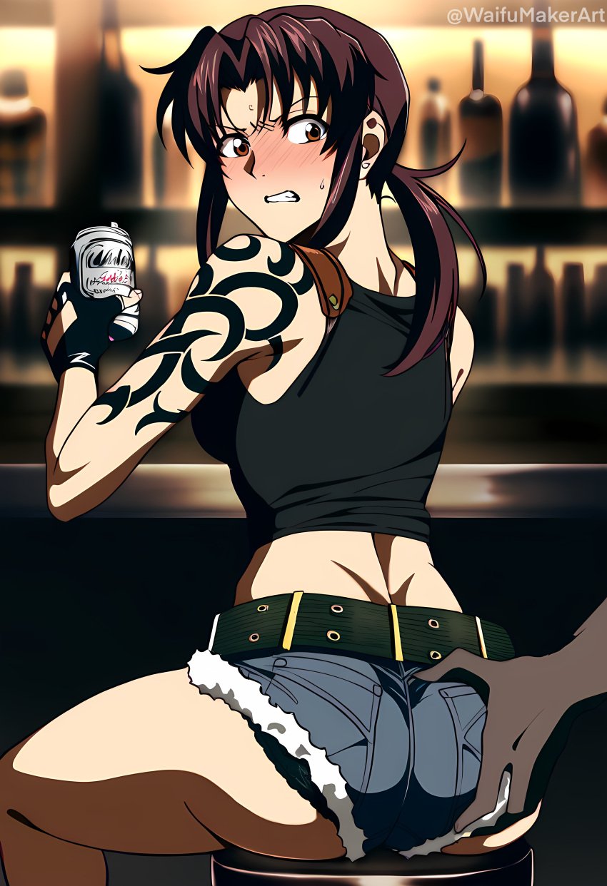 1boy 1girls ai_generated angry ass_grab bear black_lagoon blush chair dark-skinned_male drink embarrassed female groping groping_ass holding_cup mad male revy sexual_assault short_shorts sitting sitting_on_chair surprised waifumakerart