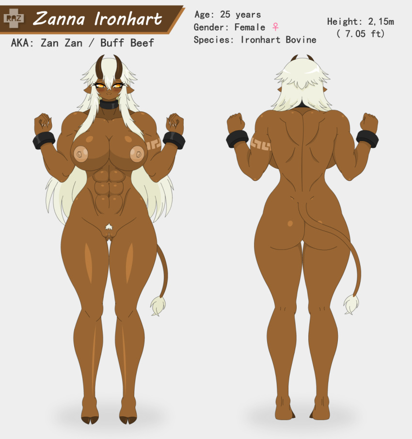 abs ass bovine breasts clothing female hair hooves horns long_hair mammal model_sheet muscular muscular_female nipples nude pussy razplus solo