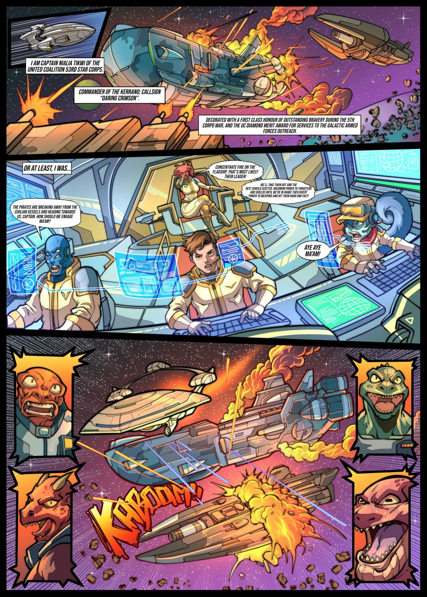 battle comic comic_page english_text galaxy_of_scum nialia_tikwi page_1 sci-fi science_fiction skyfantasystudios space space_battle spacecraft spacesuit webcomic