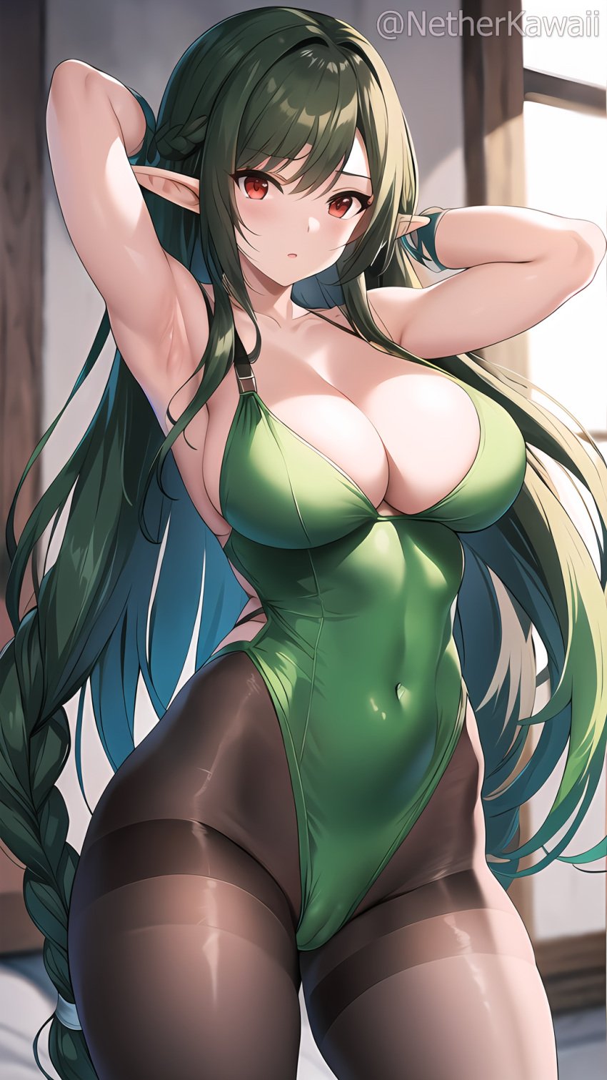 ai_assisted ai_generated big_breasts blush blush camel_toe cameltoe cleavage clothed cute cute_face elf elf_ears elf_female elf_girl green_hair green_leotard large_breasts leotard long_hair netherkawaii pantyhose red_eyes sfw